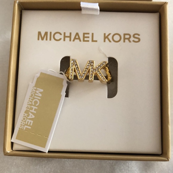 Michael Kors Gold Plated Brass Gold Tone MK Logo Ring Crystal Accents Size 8 NWT - Picture 10 of 13